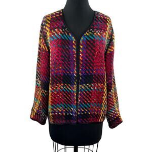 Vintage CHICO'S DESIGN Pink Yellow Woven Silk Long Sleeve Open Front Jacket Sz 2